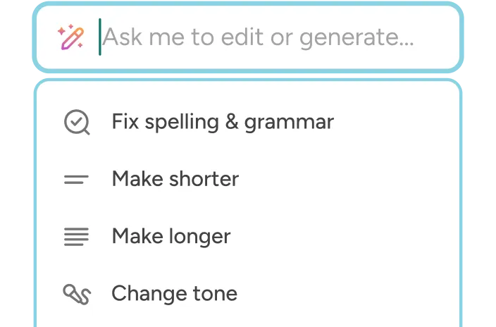 AI menu with Fix spelling, Make shorter, Make longer and Change tone