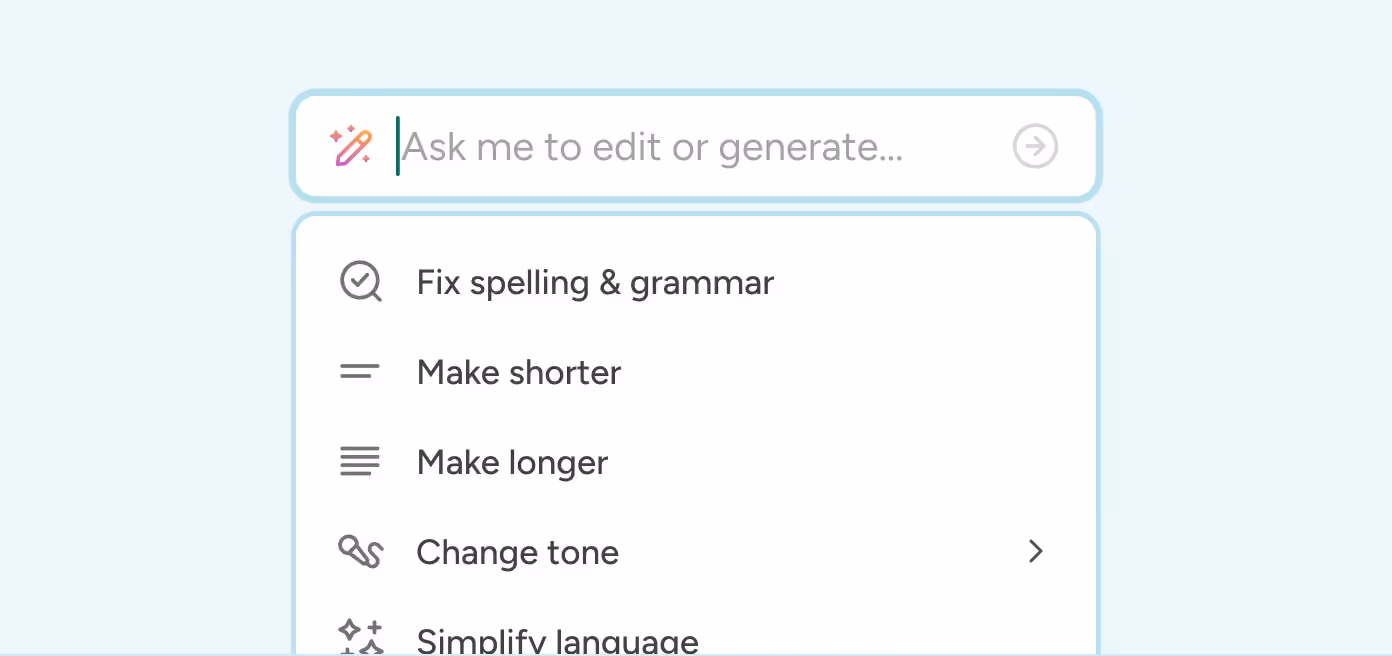 AI menu with Fix spelling, Make shorter, Make longer and Change tone