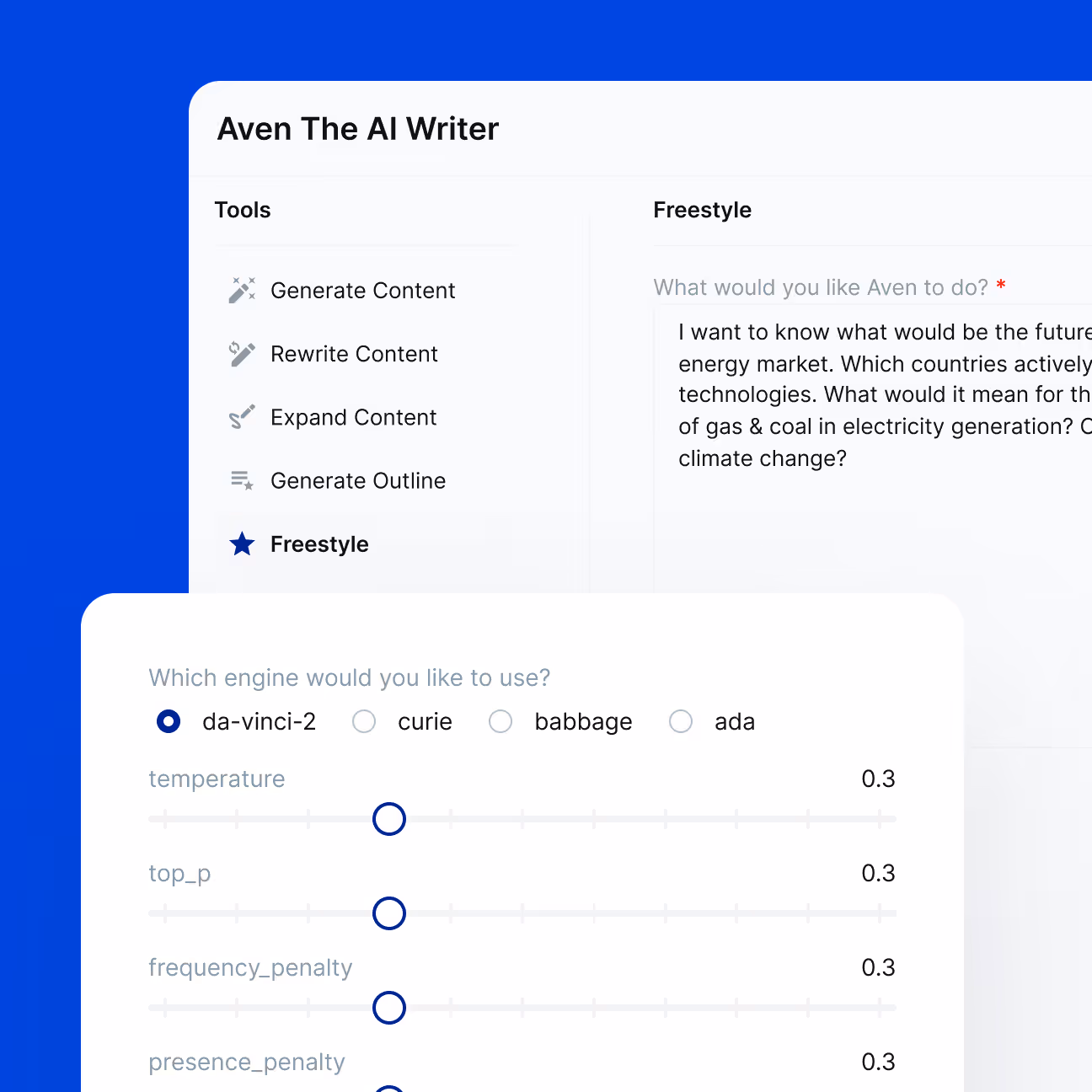 Blooksy AI writer with model and creativity settings