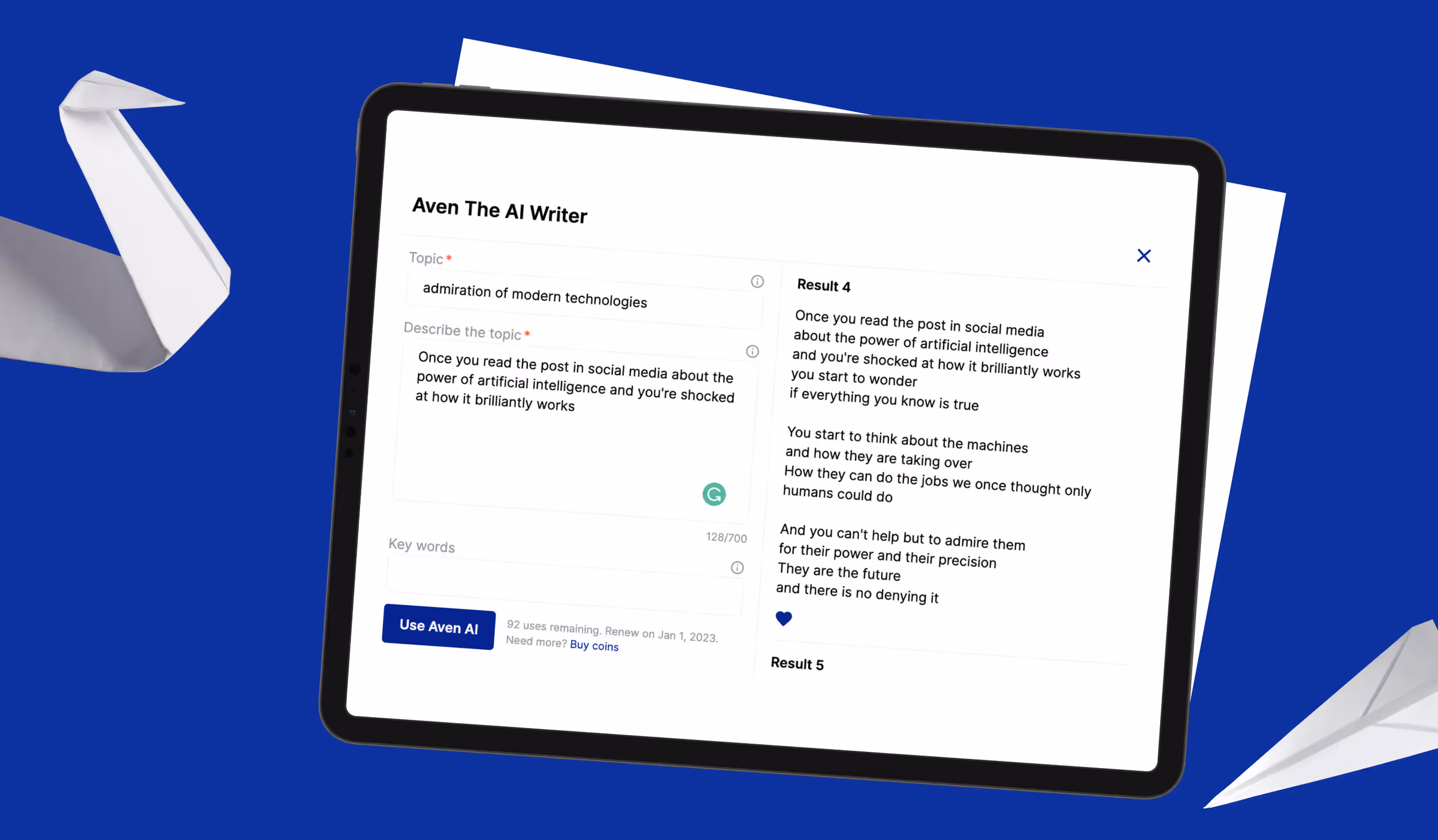 Blooksy AI writer on a tablet