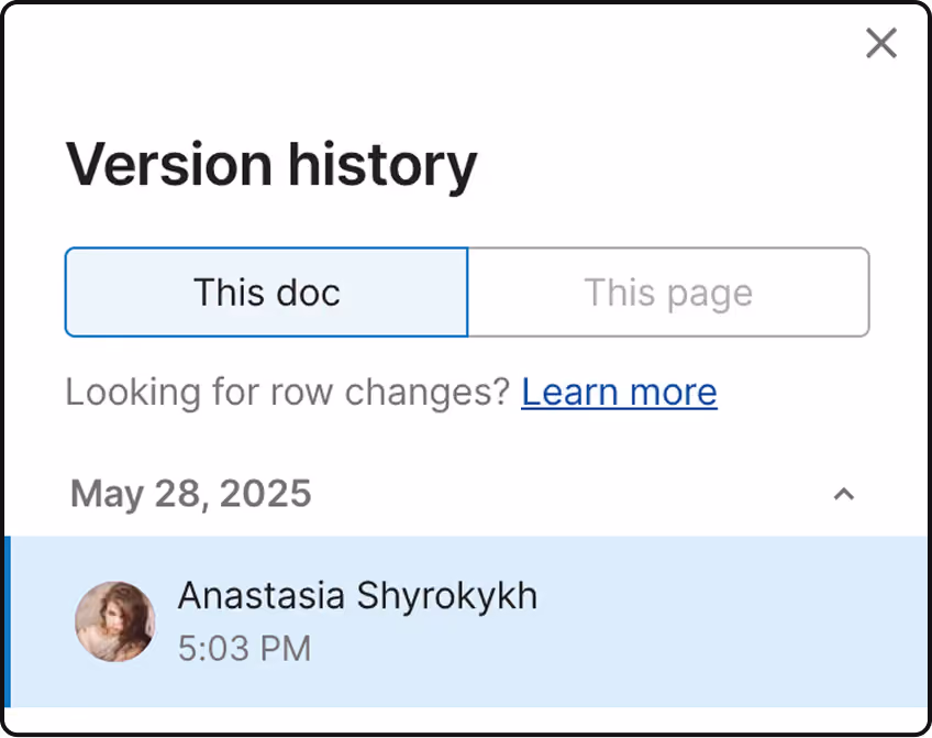 Airtable version history panel