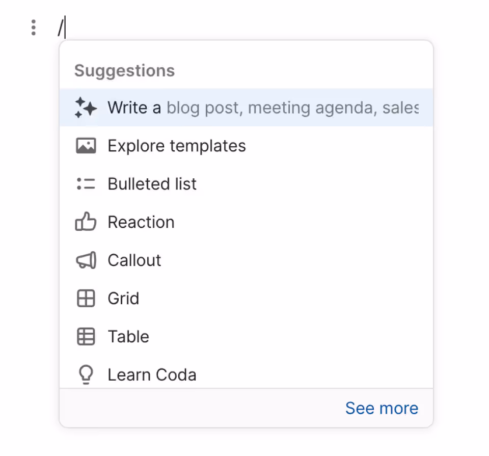 Coda slash menu with suggestions