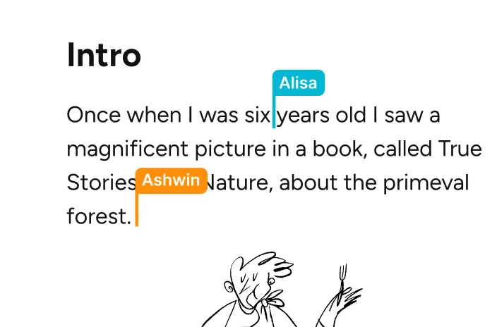 Two people editing the same text with labelled cursors