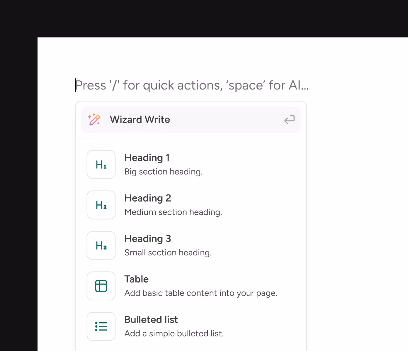 Distribute slash menu with headings, table and lists