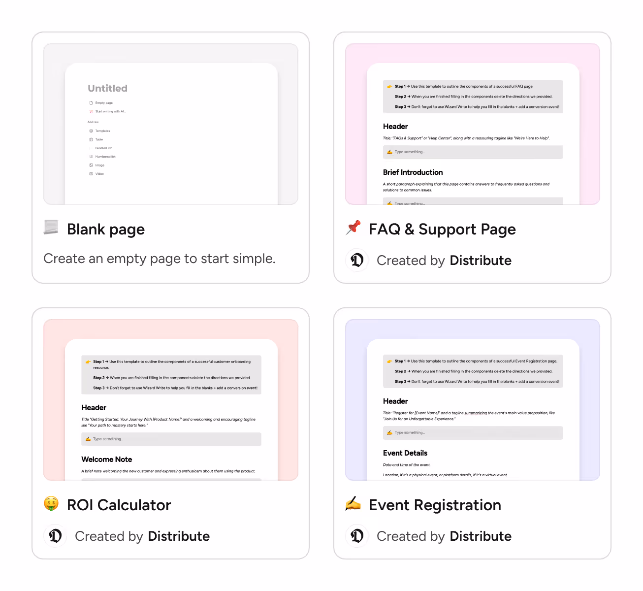 Document templates such as FAQ page and ROI calculator