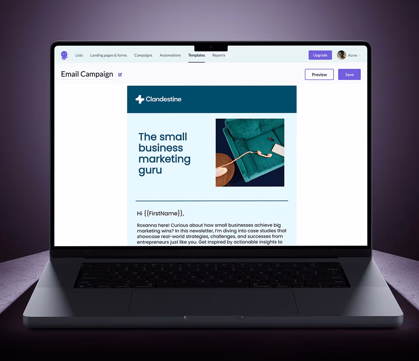 Email campaign with placeholders on a laptop