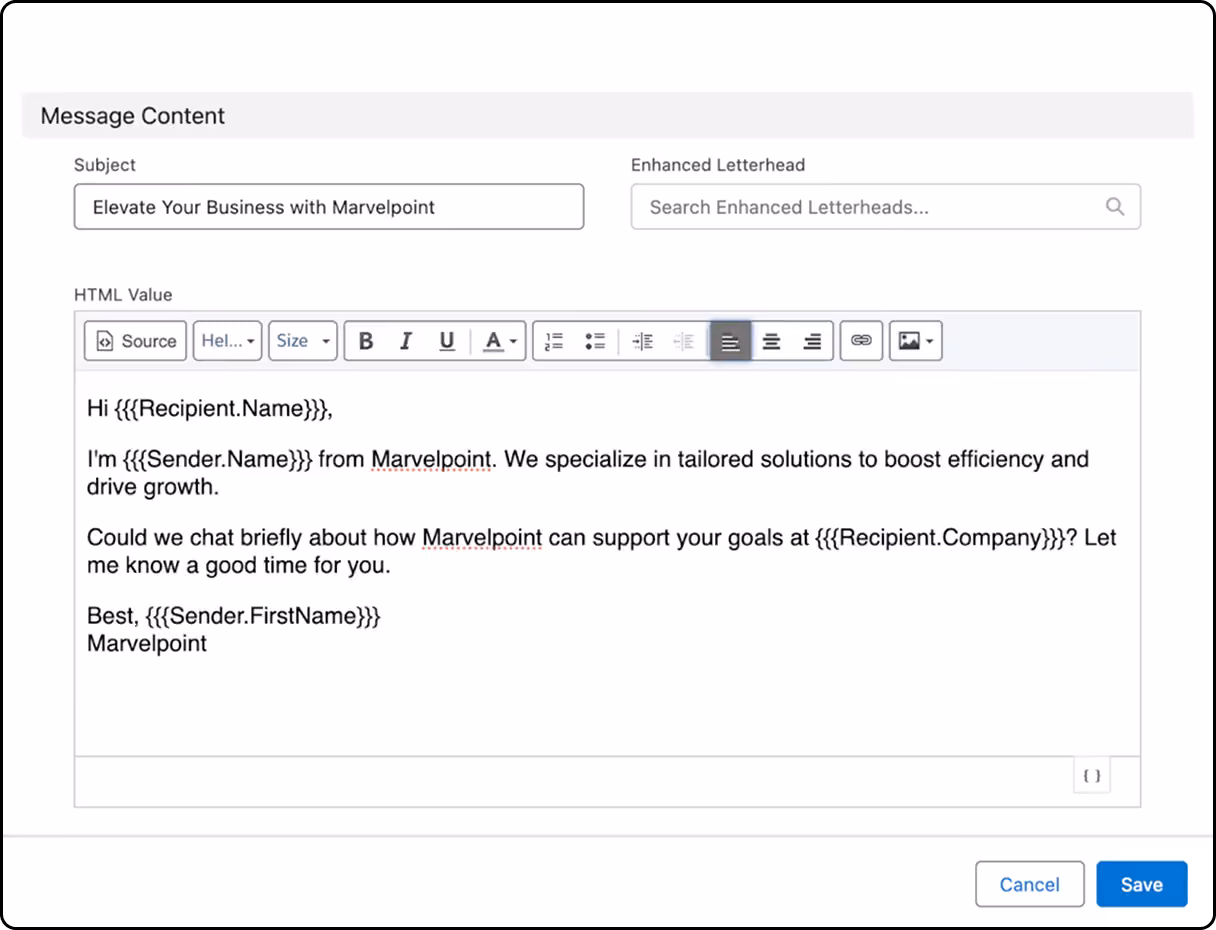 Email editor with placeholders for recipient and sender names