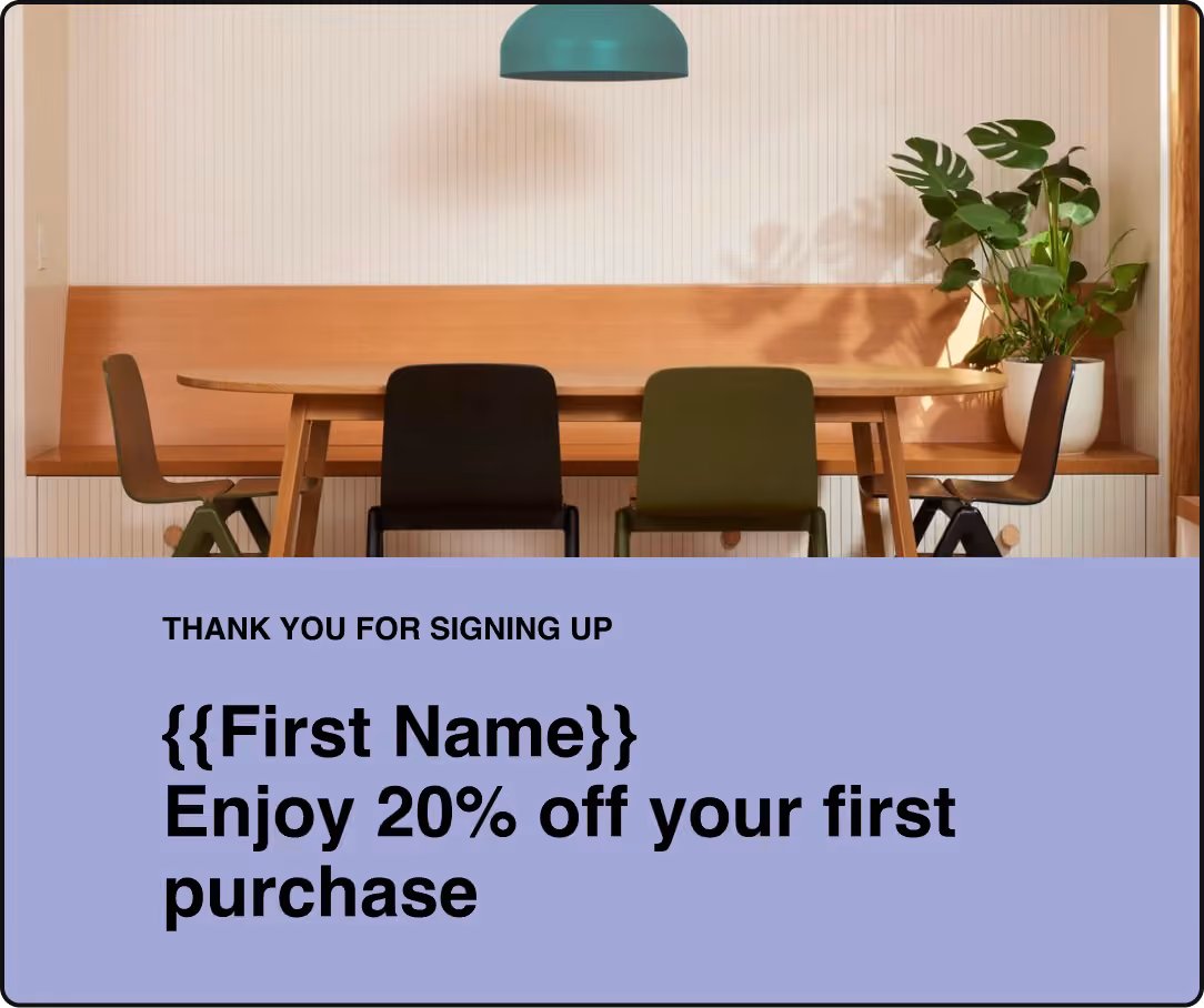 Welcome email offering 20% off, with a first name placeholder
