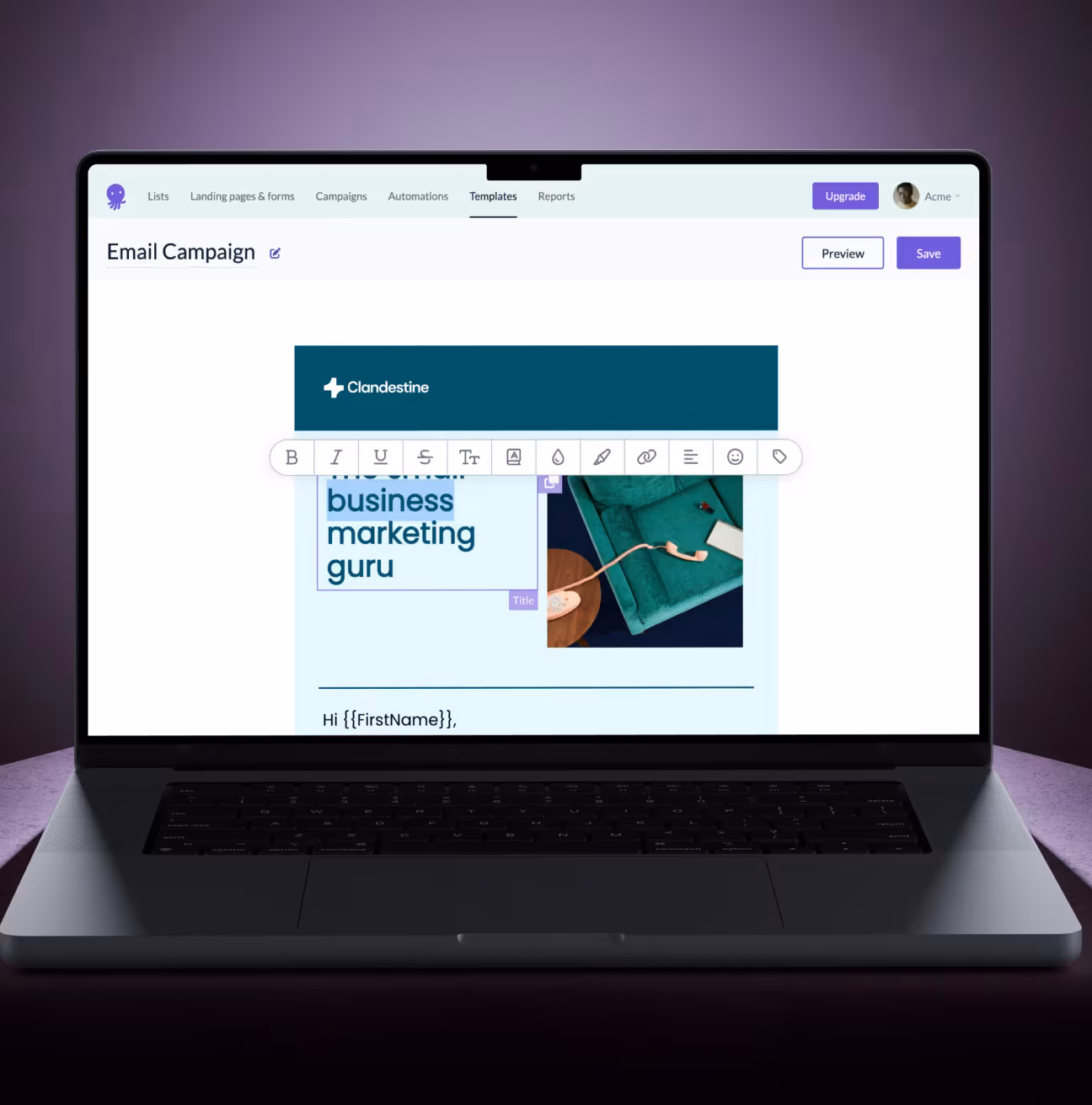 EmailOctopus email builder on a laptop