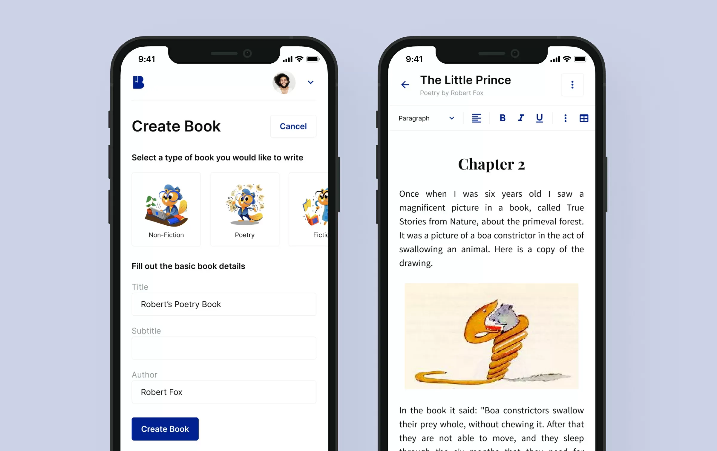 Blooksy mobile app: creating a book and reading a chapter