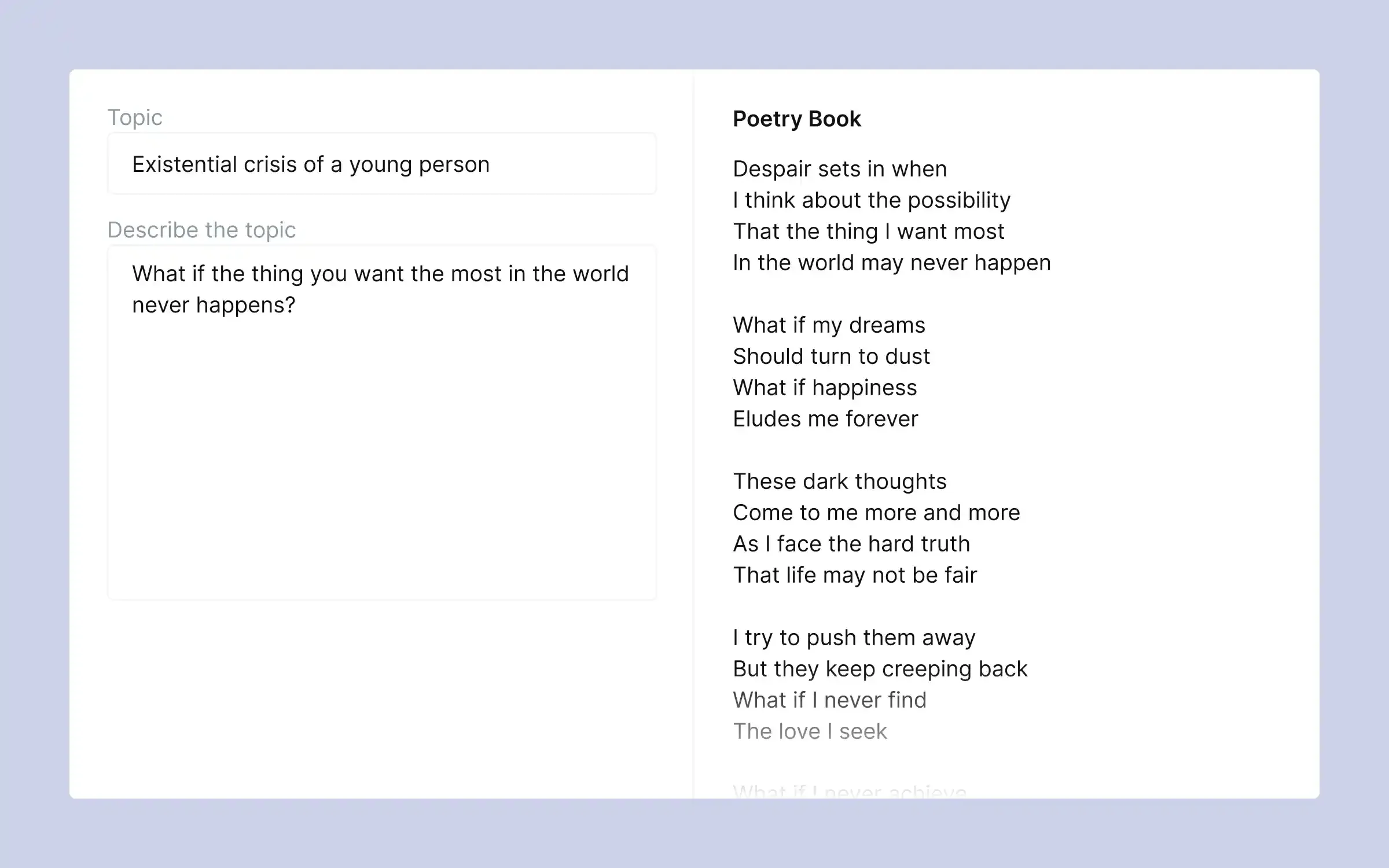 Blooksy AI writer generating a poem from a topic