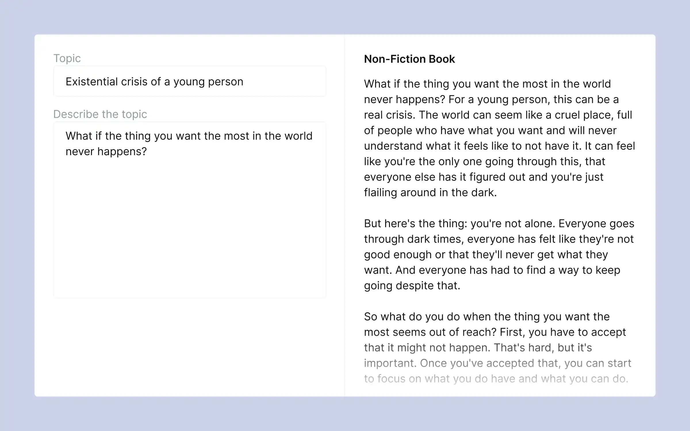 Blooksy AI writer generating a non-fiction text from a topic