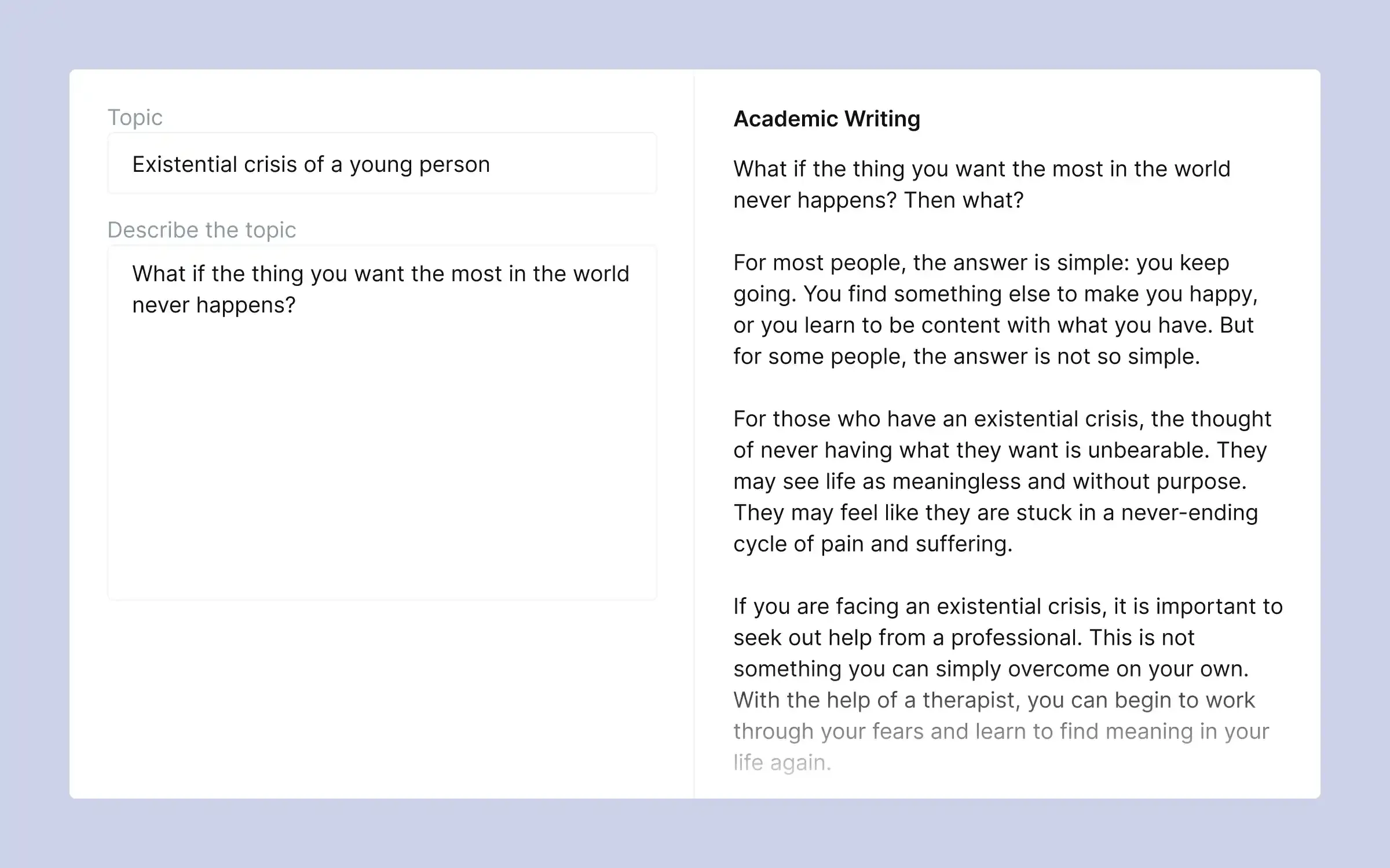 Blooksy AI writer generating an academic text from a topic