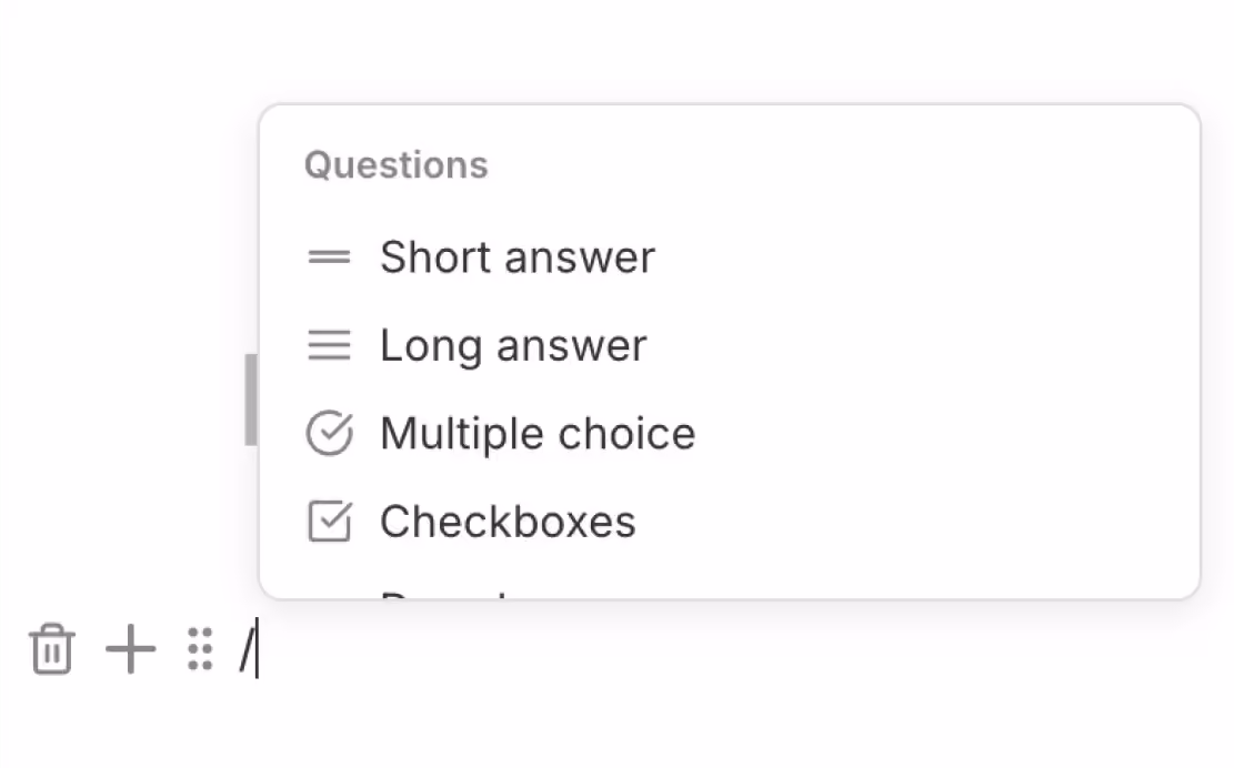 Form builder slash menu with question types