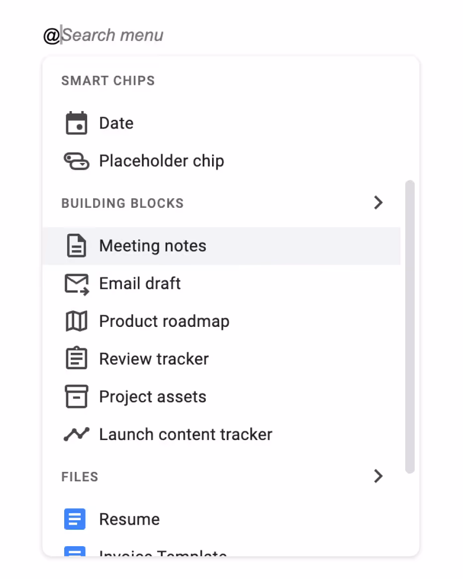 Google Docs @ menu with smart chips and building blocks