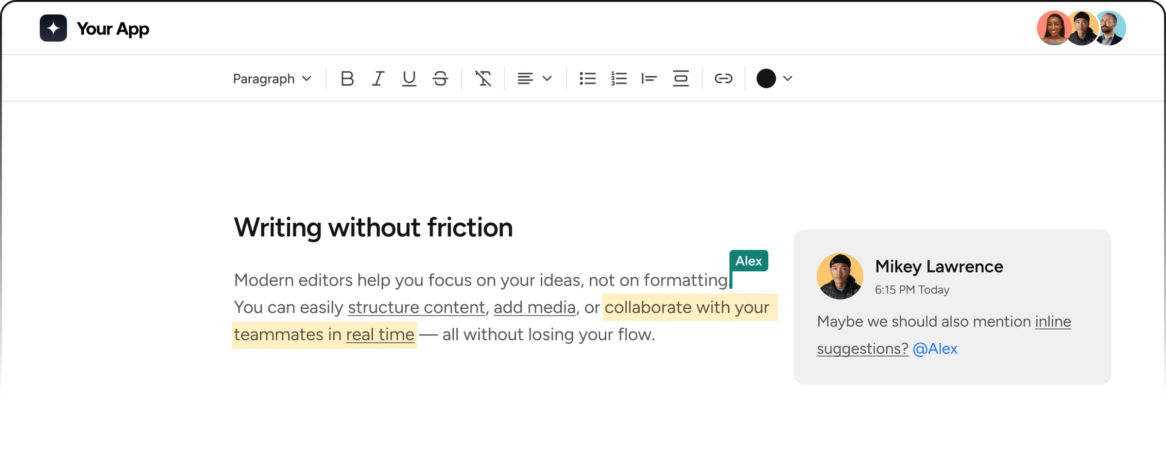 Rich text editor with formatting toolbar, collaborators and a comment