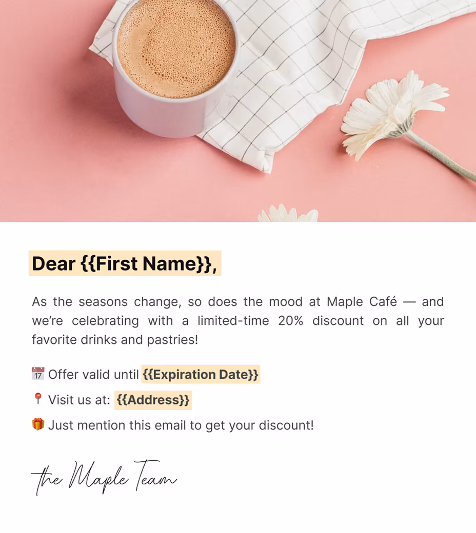 Email with placeholders for first name, expiry date and address
