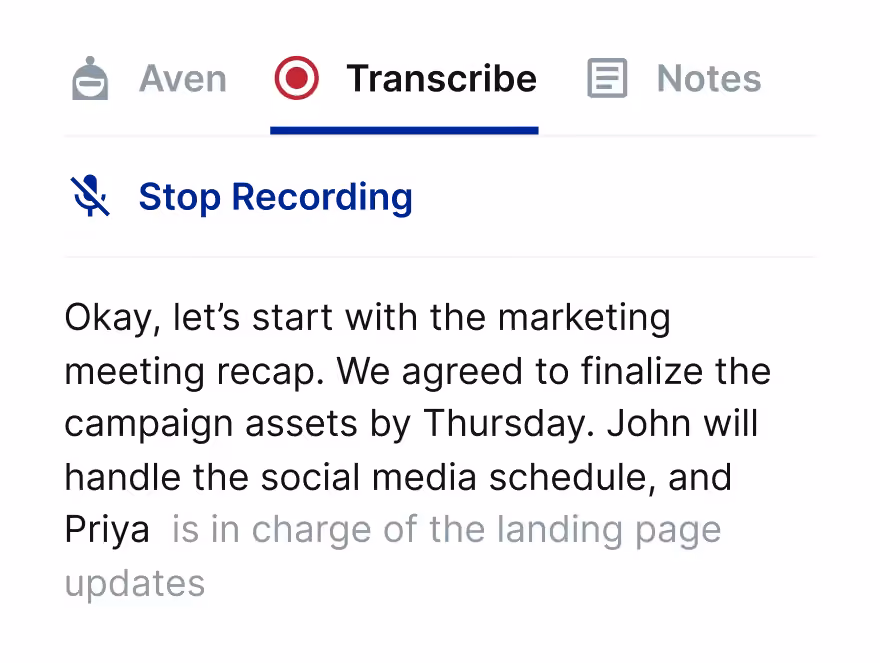 Live transcription of a meeting recap