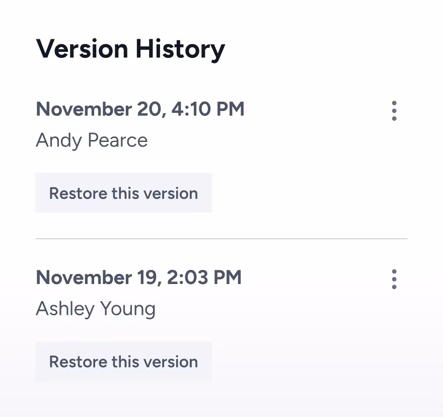 Version history with options to restore earlier versions