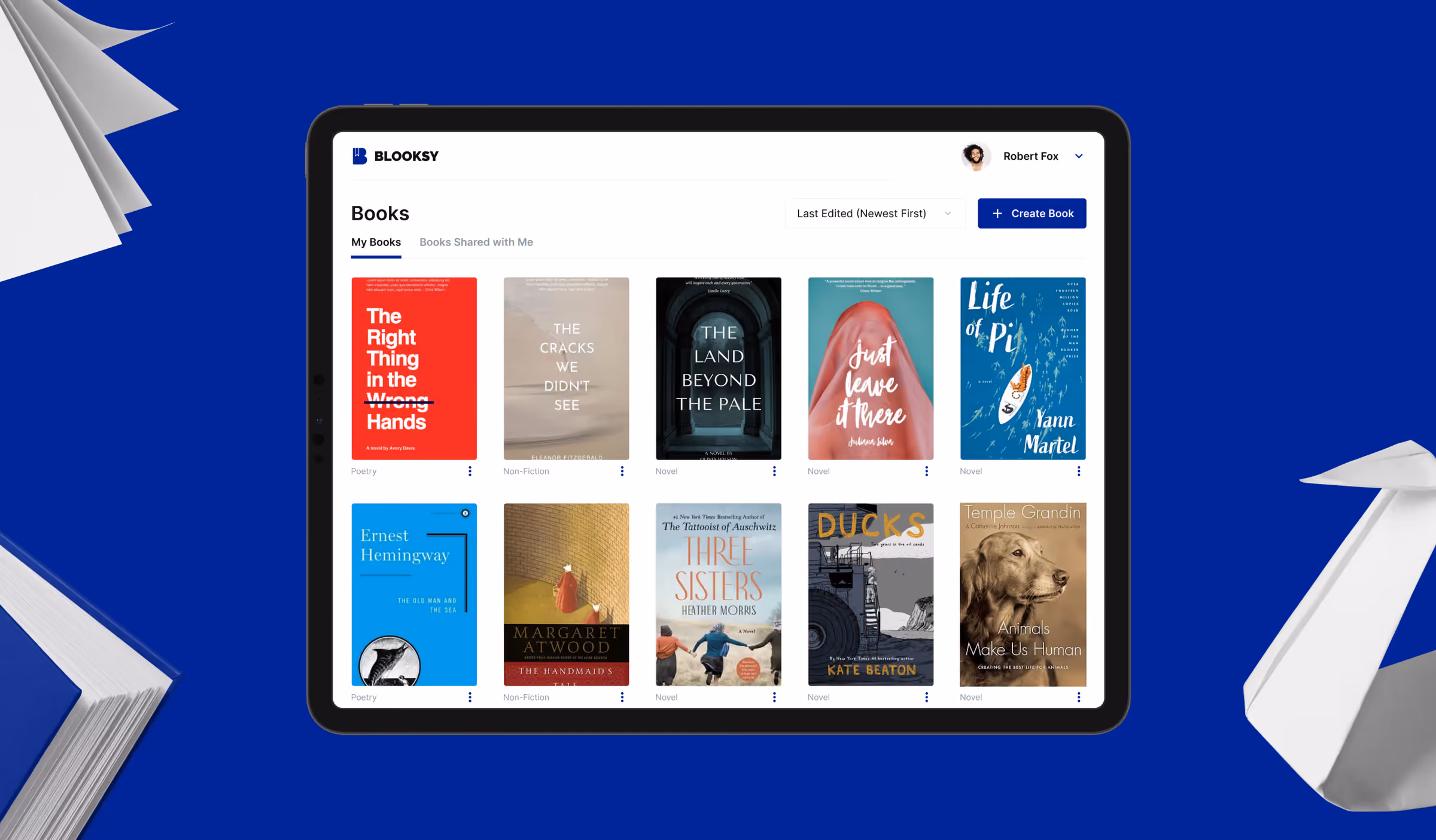 Blooksy book library on a tablet