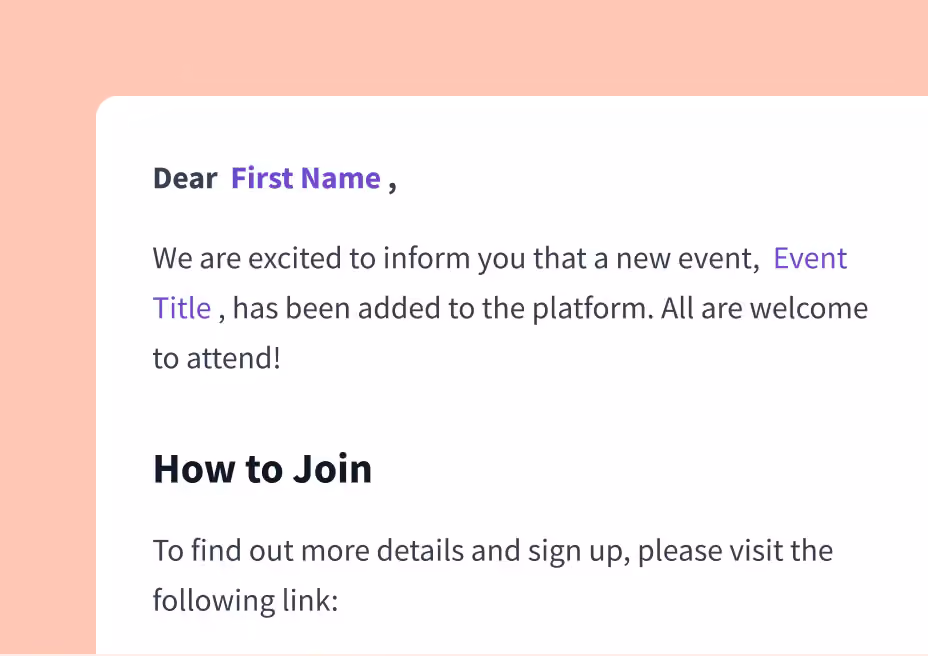 Email with placeholders for first name and event title