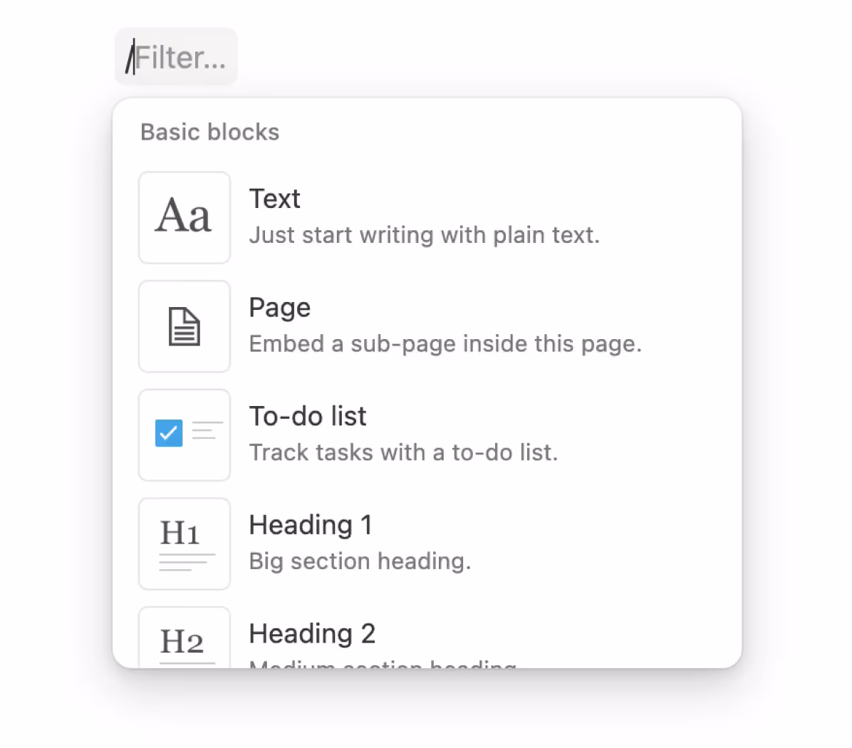Notion slash menu with basic blocks