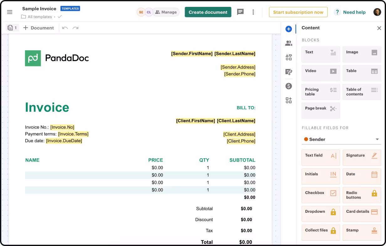 PandaDoc invoice template with client and sender placeholders