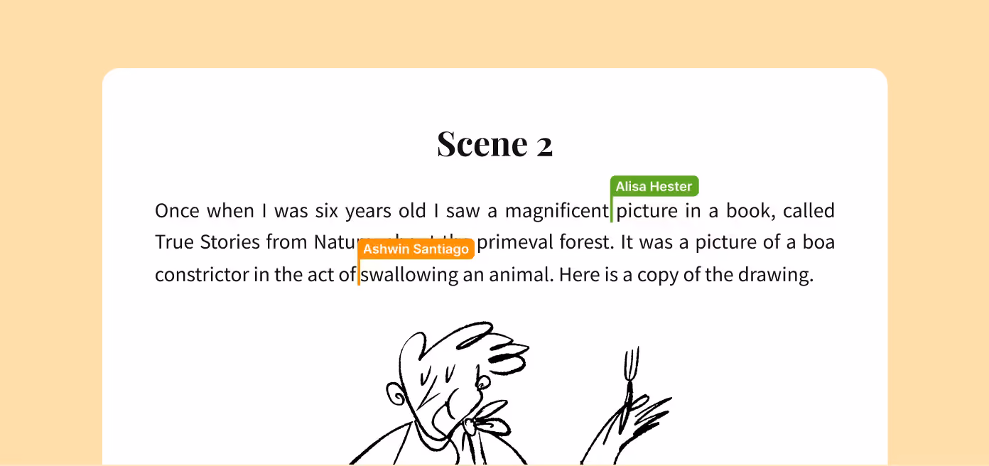 Two people editing the same text with labelled cursors