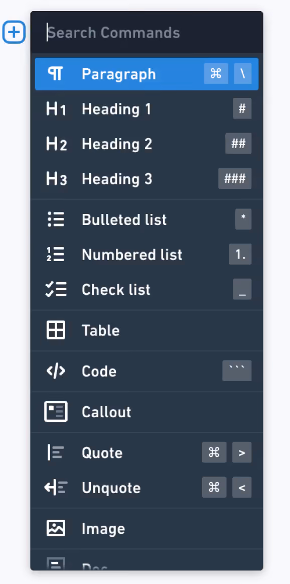 Slash menu in dark mode with keyboard shortcuts