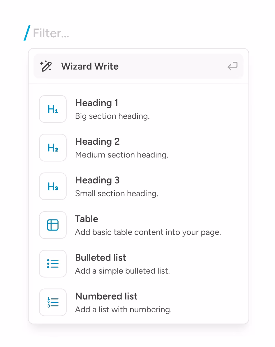 Slash menu with Wizard Write, headings and table