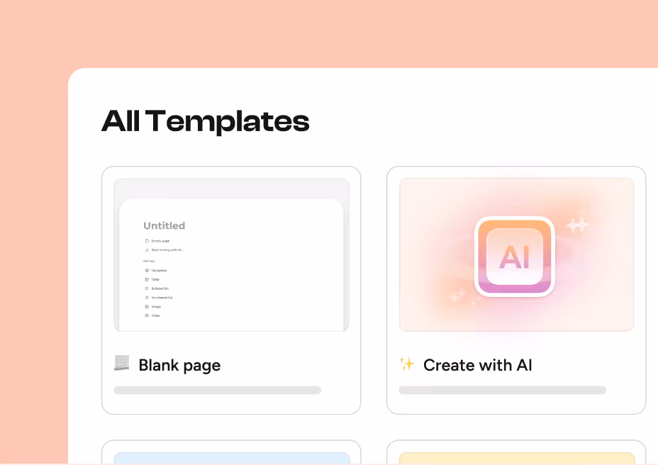 Template picker with Blank page and Create with AI