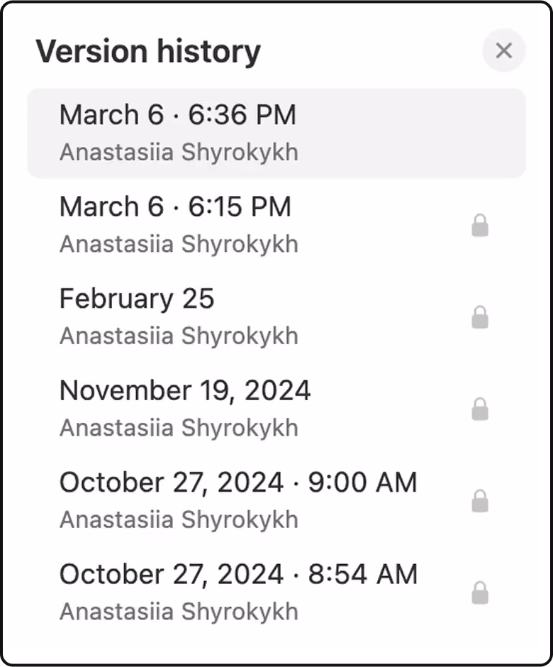 Version history panel listing versions by date and author