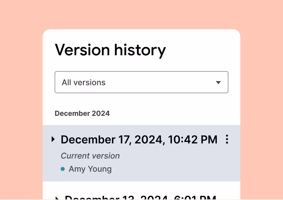 Version history list with the current version