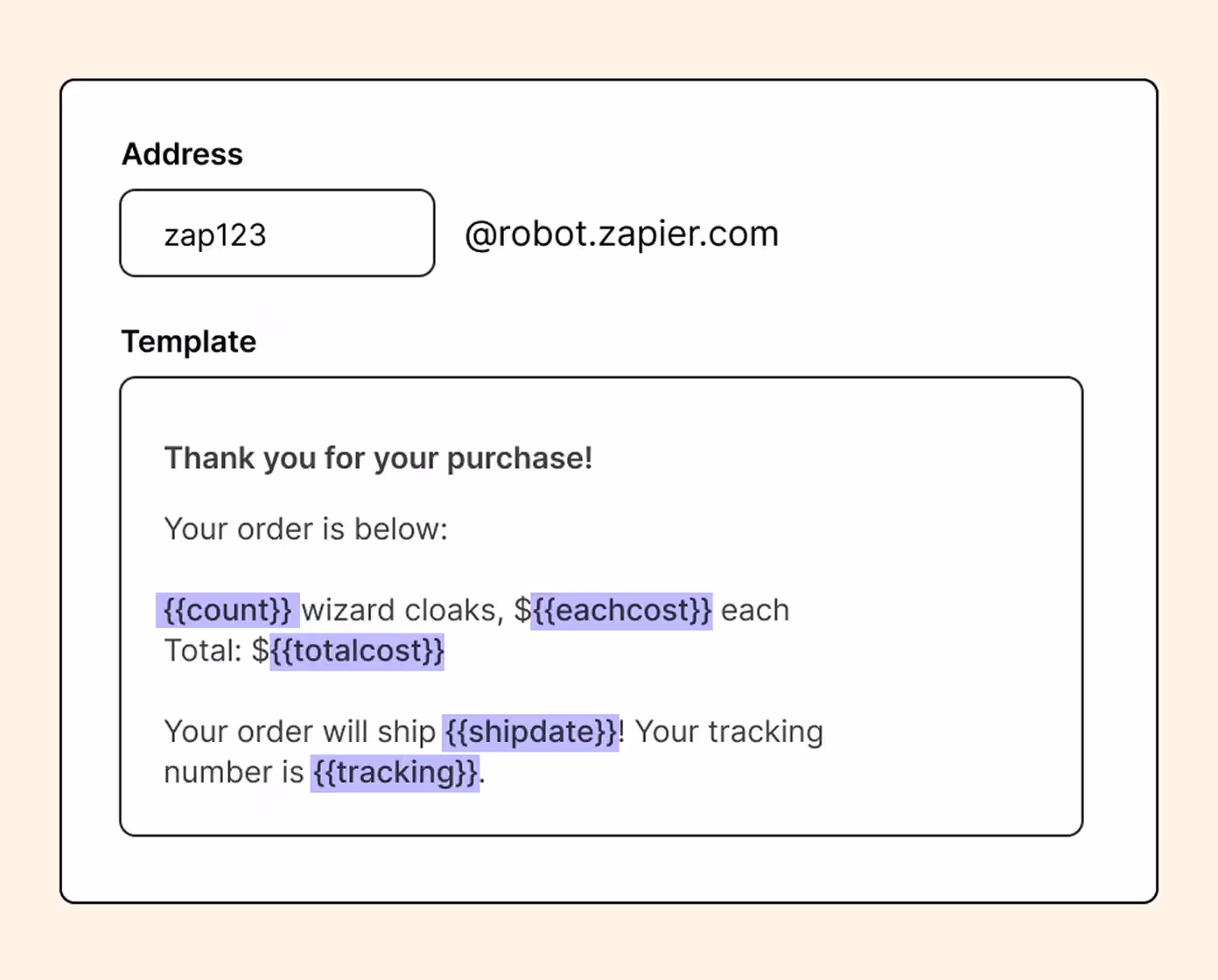 Zapier email template with order placeholders